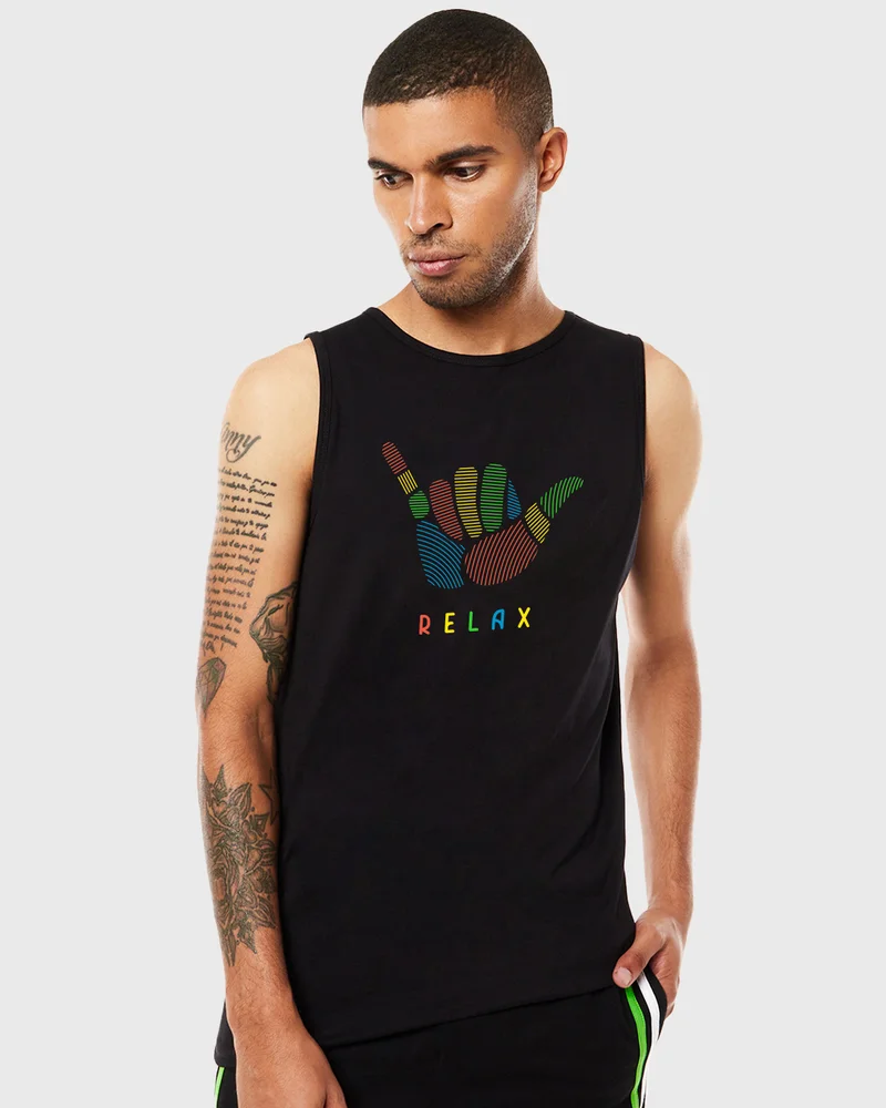 بيواكوف Men's Black Hang Loose Relax Graphic Printed Vest